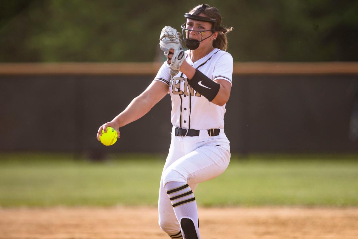 Penn's Olivia Signorino (3) pitches during the Penn vs. Saint Joseph regional championship softball game Tuesday, May 30, 2023 at the Northfield Athletic Complex in South Bend.