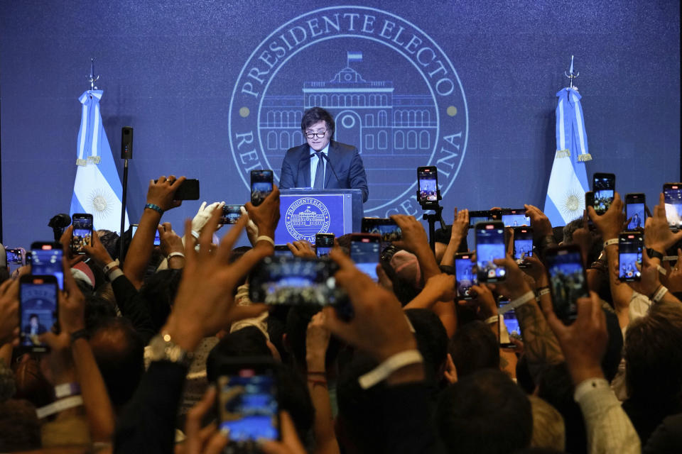 Presidential candidate of the Liberty Advances coalition Javier Milei speaks after his victory over Sergio Massa, Economy Minister and candidate of the ruling Peronist party, in a presidential runoff election in Buenos Aires, Argentina, Sunday, Nov. 19, 2023. (AP Photo/Natacha Pisarenko)