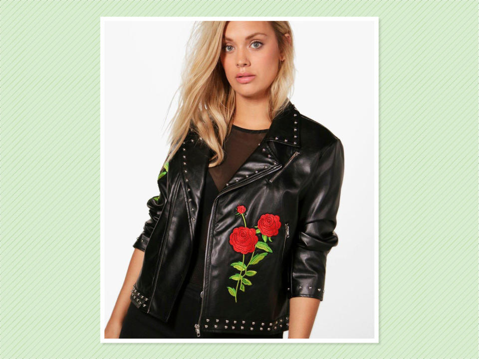 <p>Plus Holly Embroidered Studded Biker Jacket, $48, <a rel="nofollow noopener" href="http://us.boohoo.com/plus-holly-embroidered-studded-biker-jacket/PZZ87664.html" target="_blank" data-ylk="slk:Boohoo;elm:context_link;itc:0;sec:content-canvas" class="link ">Boohoo</a> (Photo: Boohoo) </p>