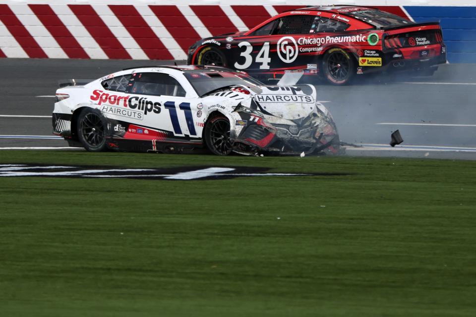 Denny Hamlin endured a violent, head-on collision with the wall on Monday after being intentionally turned by Chase Elliott.