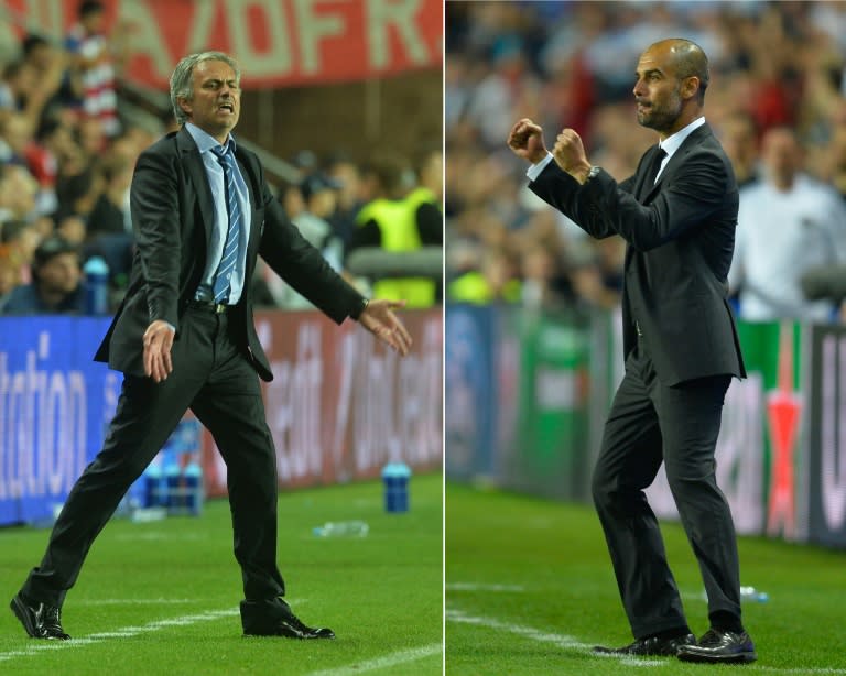 Then Chelsea manager Jose Mourinho (L) and Bayern Munich coach Pep Guardiola pictured in a combo image during the UEFA Super Cup match at Eden Stadium in Prague on August 30, 2013