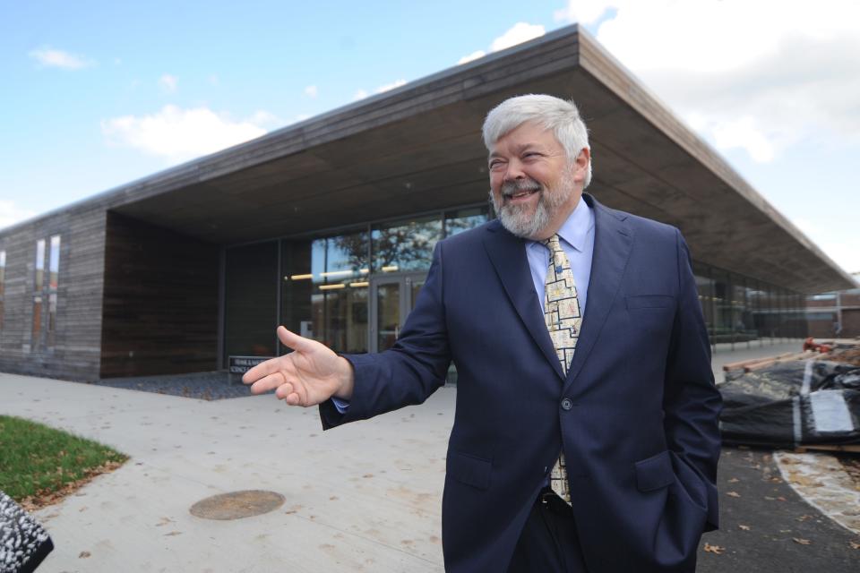 Cape Cod Community College President John Cox talked about the new Frank and Maureen Wilkens Science and Engineering Center on Oct. 18. The net-zero energy building officially opened in September.
