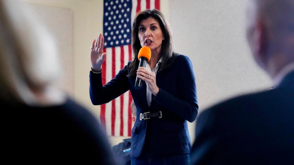PHOTO: Republican presidential candidate former UN Ambassador Nikki Haley talks to students, parents and educators during a campaign stop at the Polaris Charter School, on Jan. 19, 2024, in Manchester, N.H.  (Charles Krupa/AP)