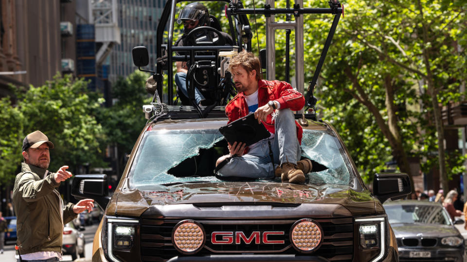 Director David Leitch (left) and Ryan Gosling on the set of The Fall Guy. PHOTO: Eric Laciste/Universal Pictures