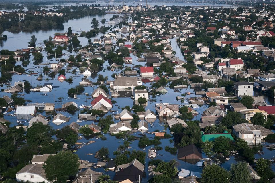 Streets are flooded in Kherson, Ukraine, Wednesday, June 7, 2023 after the Kakhovka dam was destroyed (AP)