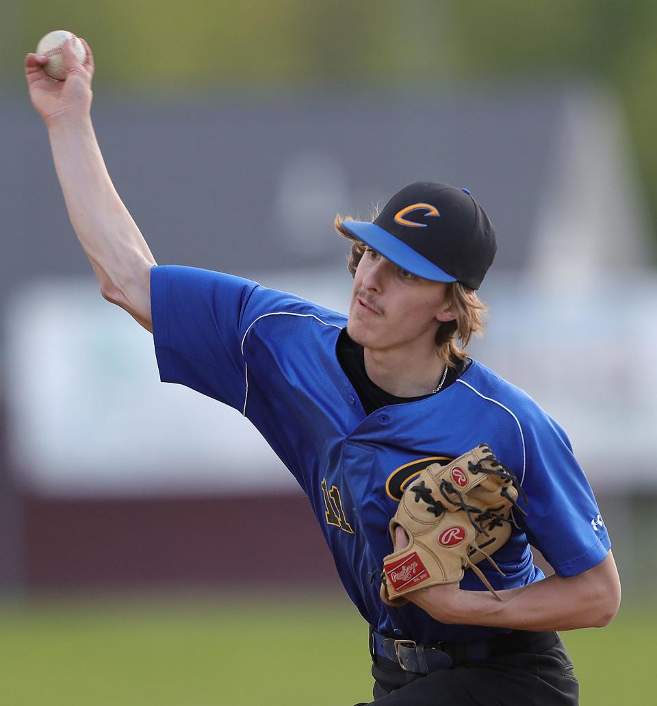 Coventry's Brayden Clark pitches against Woodridge on May 16, 2022.