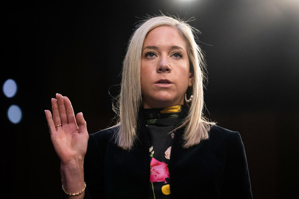 Amanda Zurawski of Austin, Texas, is sworn in (Tom Williams / AP)