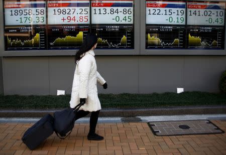 A woman walks past electronic board showing stock prices outside a brokerage at a business district in Tokyo, Japan, January 23, 2017. REUTERS/Kim Kyung-Hoon