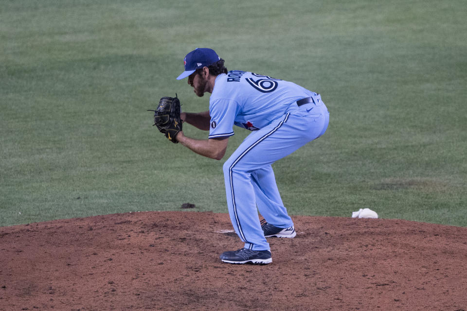 BUFFALO, NY - AUGUST 11: Toronto Blue Jays Pitcher Jordan Romano (68) delivers a pitch during the eighth inning of the Major League Baseball game between the Miami Marlins and the Toronto Blue Jays on August 11, 2020, at Sahlen Field in Buffalo, NY. (Photo by Gregory Fisher/Icon Sportswire via Getty Images)