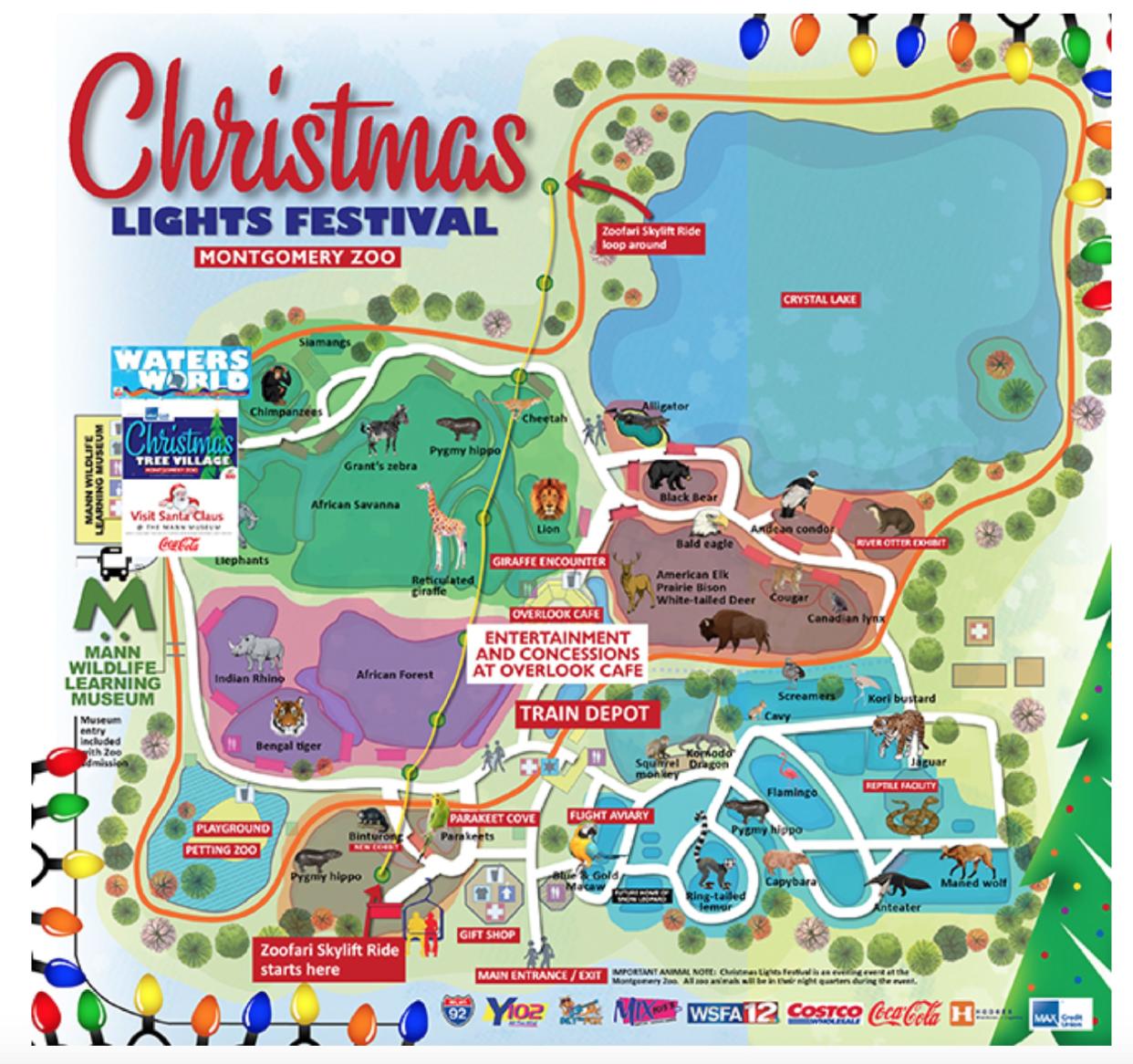 A map of the Christmas Lights Festival at the Montgomery Zoo.