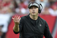 Atlanta Falcons head coach Arthur Smith questions a call against the Tampa Bay Buccaneers during the first half of an NFL football game Sunday, Sept. 19, 2021, in Tampa, Fla. (AP Photo/Jason Behnken)