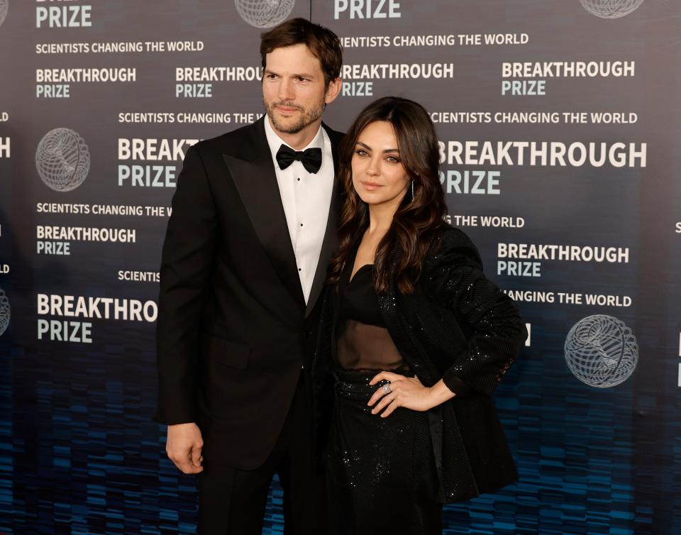 Ashton Kutcher and Mila Kunis attend the 9th annual Breakthrough Prize Ceremony at the Academy Museum of Motion Pictures in Los Angeles.