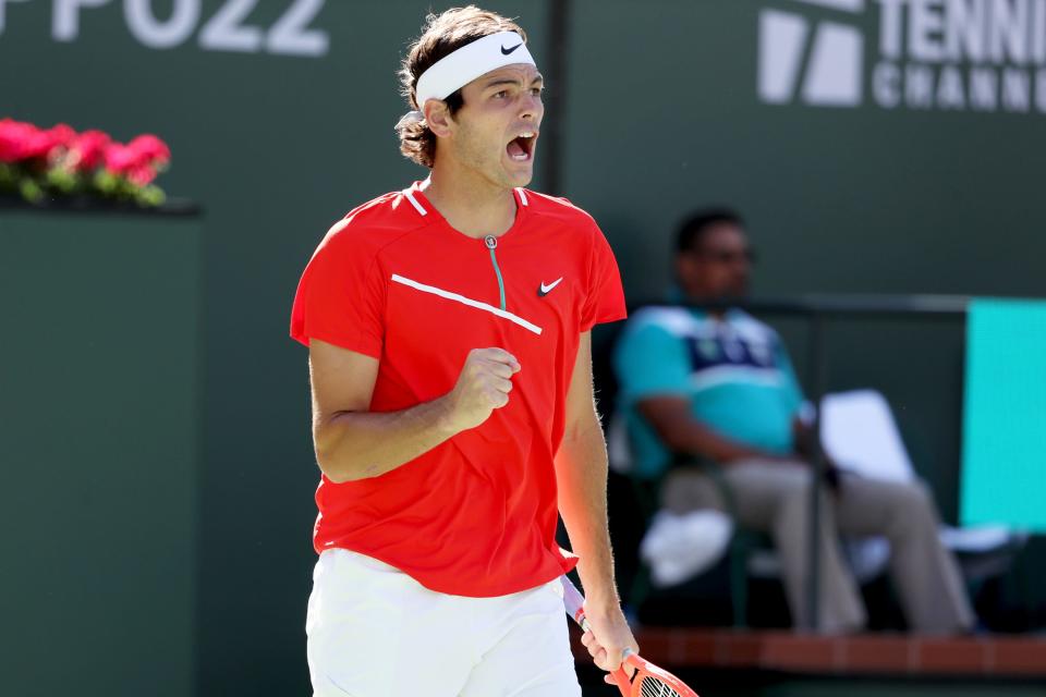 American Taylor Fritz reacts during the first set against Rafael Nadal of Spain during the men's final at the BNP Paribas Open in Indian Wells, Calif., on Sunday, March 2022. 