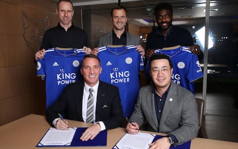 Leicester City unveil new manager Brendan Rogers pictured with Vice Chairman Aiyawatt Srivaddhanaprabha, Glen Driscoll first team fitness coach, Chris Davies assistant manager and Kolo Toure first team coach - Credit: Getty Images