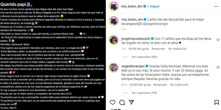 La sentida carta de Mía, la hija de Ángel Di María