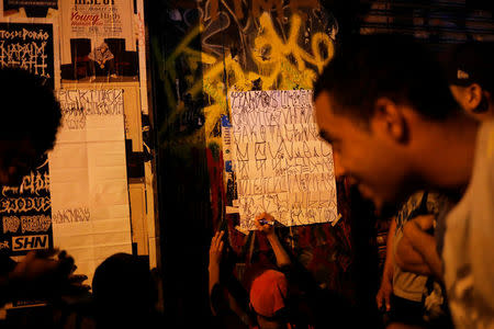 "Pichadores", graffiti artists who tag buildings and landmarks with angular, runic fonts, paint their personal signatures, called "pichacao", on a paper during the "Dia do Point" (Meeting Point Day) in Sao Paulo, Brazil, April 20, 2017. REUTERS/Nacho Doce