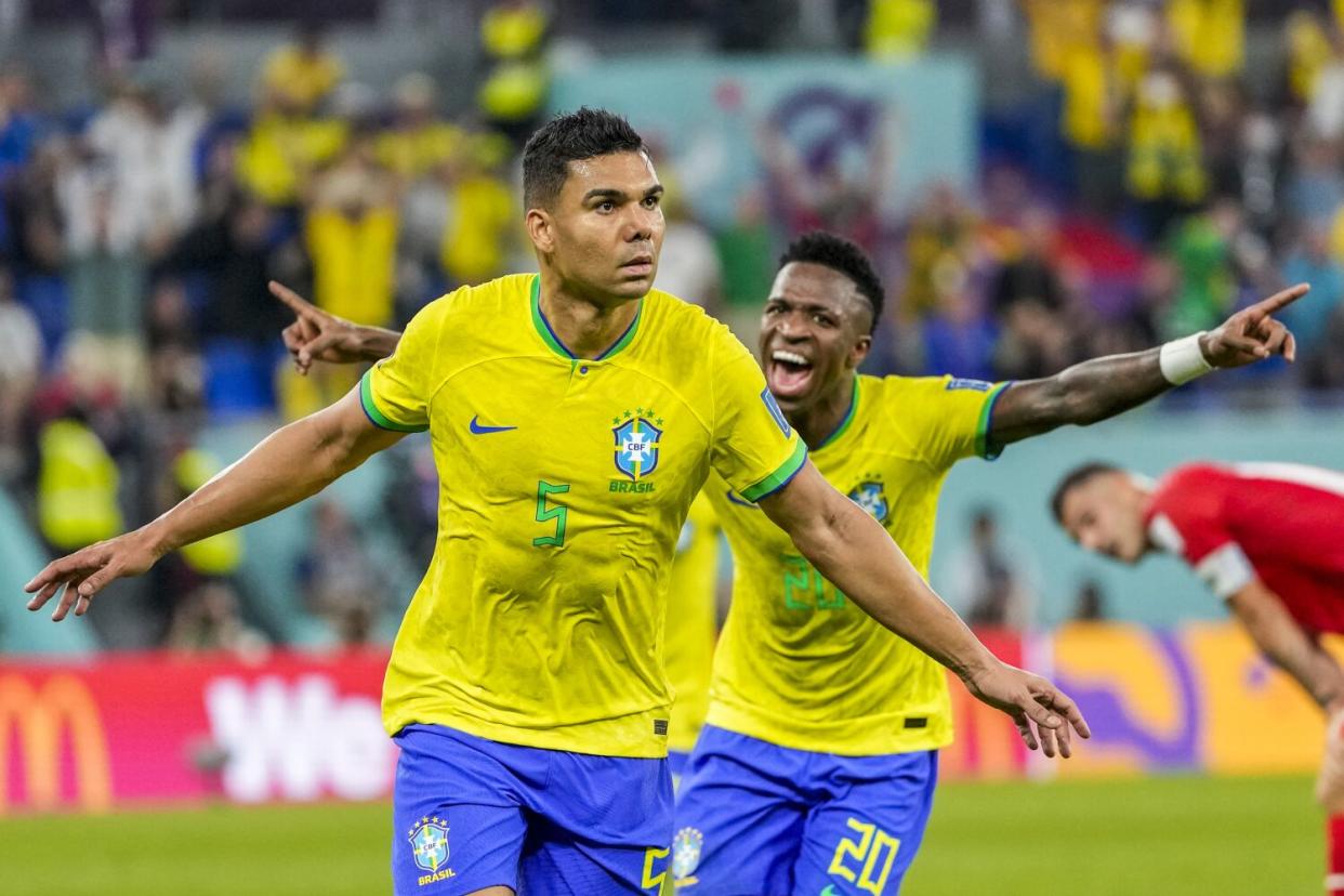 Brazil's Casemiro celebrates after scoring against Switzerland on Monday.
