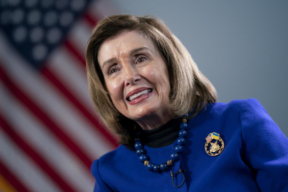 FILE - Former House Speaker Nancy Pelosi, D-Calif., talks to The Associated Press on April 19, 2023, at the Capitol in Washington. Pelosi has completed a book about her years in public life, from legislation she helped enact to such traumatizing moments as the Jan. 6, 2021, siege of the U.S. Capitol and the assault at her San Francisco home that left her husband with a fractured skull. Simon & Schuster announced Thursday, April 18, 2024, that Pelosi's “The Art of Power” will be released Aug. 6. (AP Photo/J. Scott Applewhite, File)