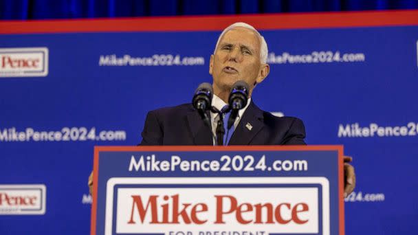 PHOTO: Former Vice President Mike Pence speaks during a campaign launch event at the Des Moines Area Community College, in Ankeny, Iowa, on June 7, 2023. (Rachel Mummey/Bloomberg via Getty Images)