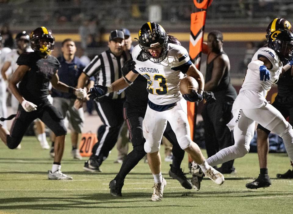 Gregori’s Michael Marsden breaks a tackle on a touchdown run during the Sac-Joaquin Section Football Division I playoff game with Edison at Edison High School in Stockton, Calif., Friday, Nov. 3, 2023.