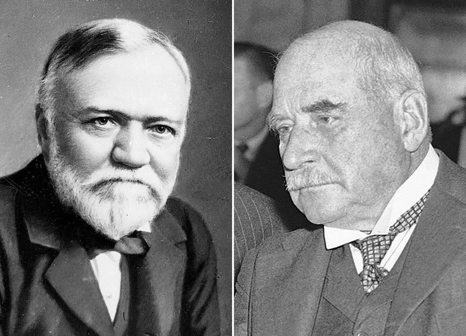 FILE - Industrialist and steel magnate Andrew Carnegie, left, is seen in an undated photo. J.P. Morgan, right, is shown Jan. 8, 1936, before a senate committee meeting in Washington. Andrew Carnegie agreed to a merger between his company with one led by J.P. Morgan after a round at The Saint Andrew’s Golf Club in Hastings-on-Hudson, New York in the early 1900s. (AP Photo/File)