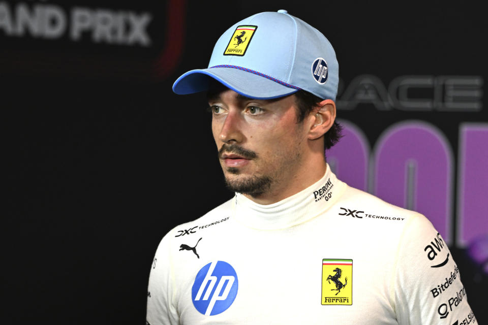 Ferrari driver Charles Leclerc, of Monaco, listens during a news conference after placing second in the Sprint race at the Miami Formula One Grand Prix, Friday, May 3, 2024, in Miami Gardens, Fla. (Giorgio Viera/Pool Photo via AP)