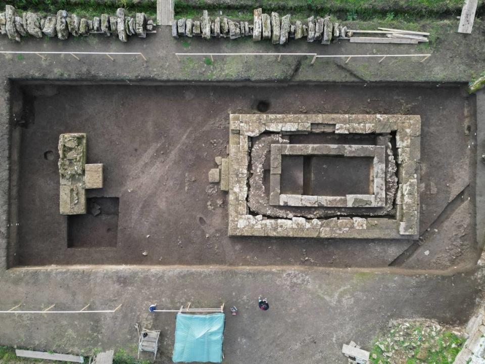 The pair of ancient temples in Paestum as seen from above.