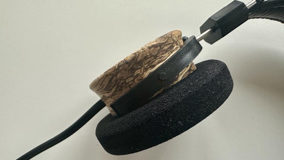 Grado Hemp closeup of the wooden housing and headphones yoke