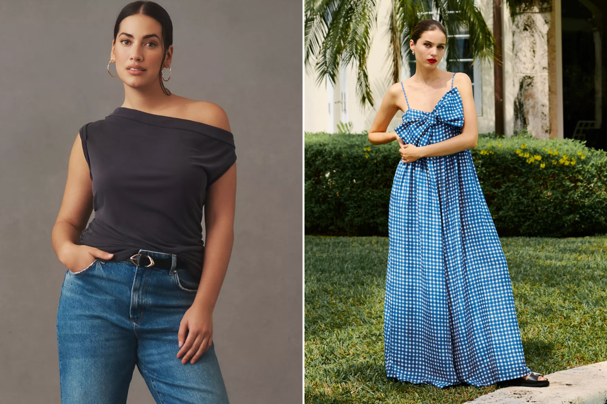 Anthropologie just released so many good things for spring and summer (Photos via Anthropologie), anthropologie model in black off-shoulder top and blue jeans, model wearing blue and white gingham maxi dress