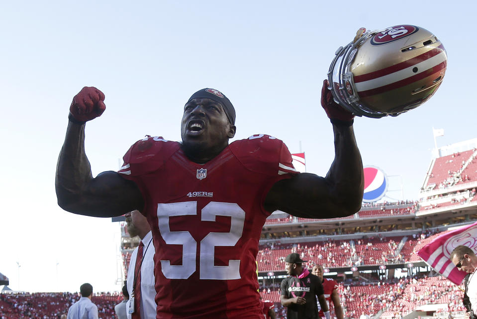 San Francisco 49ers linebacker Patrick Willis after a 2014 win over the Chiefs. It would be his second-to-last NFL game. (AP Photo/Marcio Jose Sanchez)