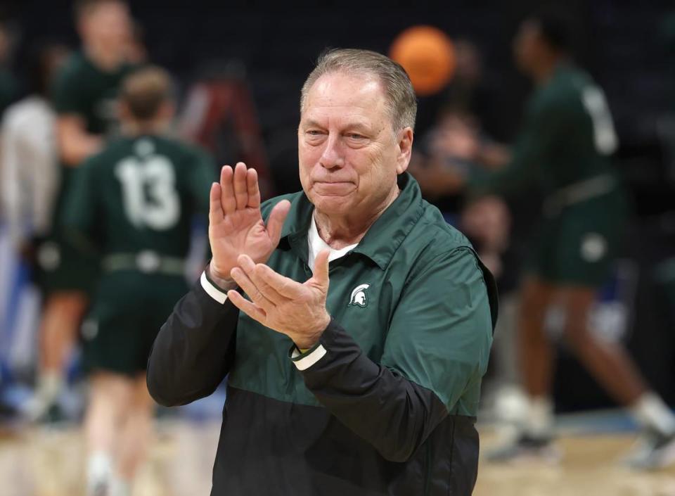Michigan State Spartans head basketball coach Tom Izzo watches his players practice for the 2024 NCAA Men’s Basketball First Round at Spectrum Center in Charlotte, NC on Wednesday, March 20, 2024. Games for the First and Second Rounds begin on Thursday, March 21, 2024 and conclude on Saturday, March 23, 2024.