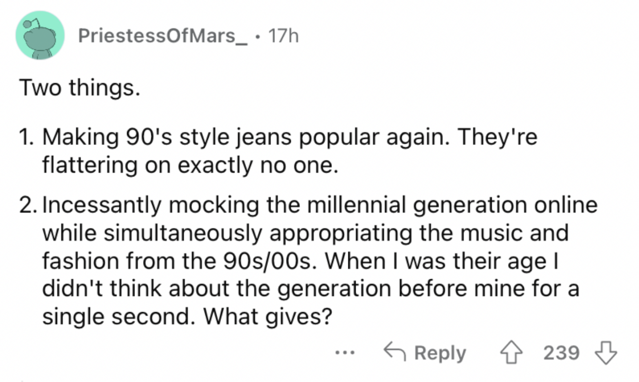 Reddit screenshot about 90s jeans not being fashionable.