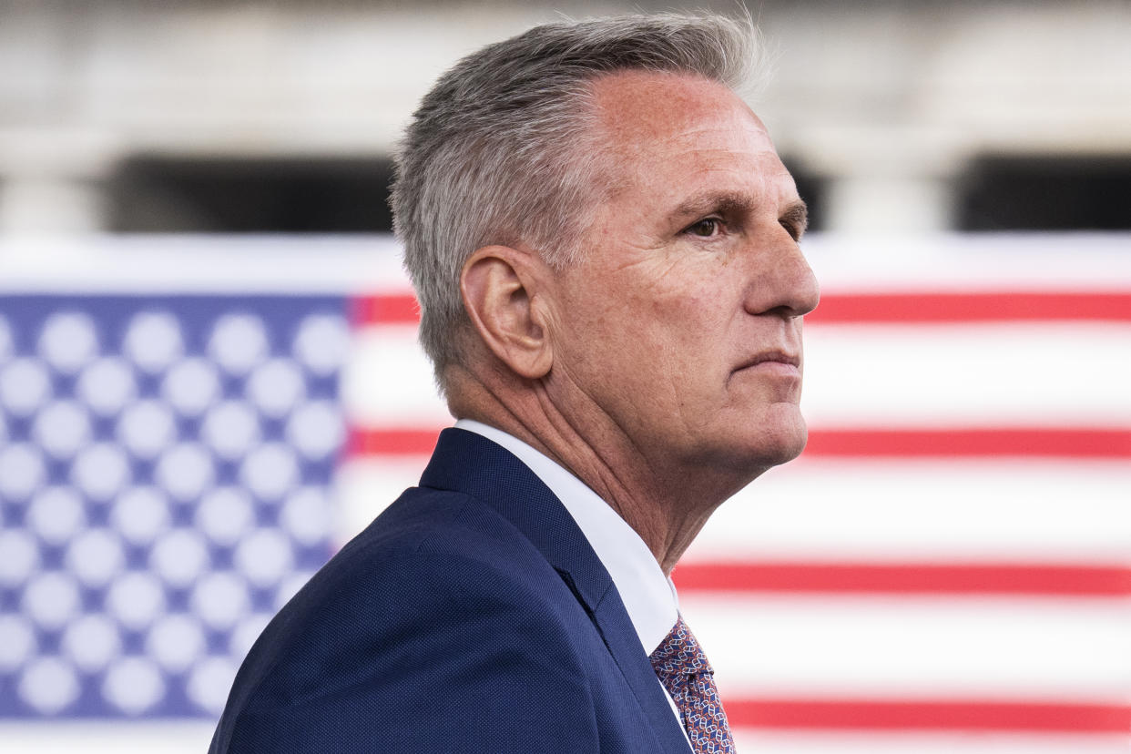 UNITED STATES - NOVEMBER 29 House Minority Leader Kevin McCarthy, R-Calif., is seen after a meeting about avoiding a railroad worker strike with President Joe Biden at the White House on Tuesday, November 29, 2022. Speaker of the House Nancy Pelosi, D-Calif., Senate Majority Leader Charles Schumer, D-N.Y., Senate Minority Leader Mitch McConnell, R-Ky., also attended the meeting. (Tom Williams/CQ-Roll Call, Inc via Getty Images)