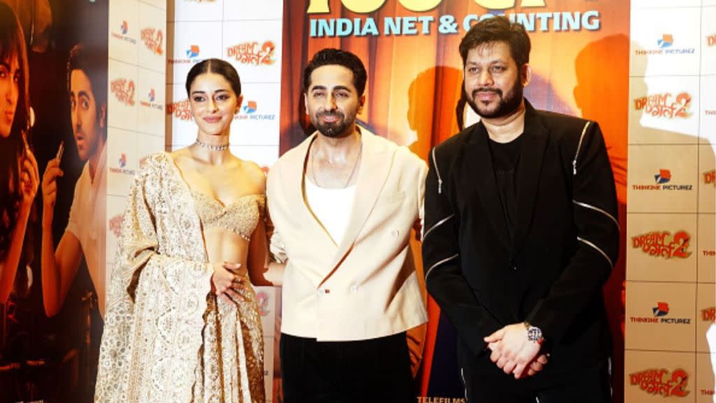 Ananya Panday, Ayushmann Khurrana and Raaj Shaandilyaa at Dream Girl 2 success bash (Image Credit: Prodip Guha / Getty Images)