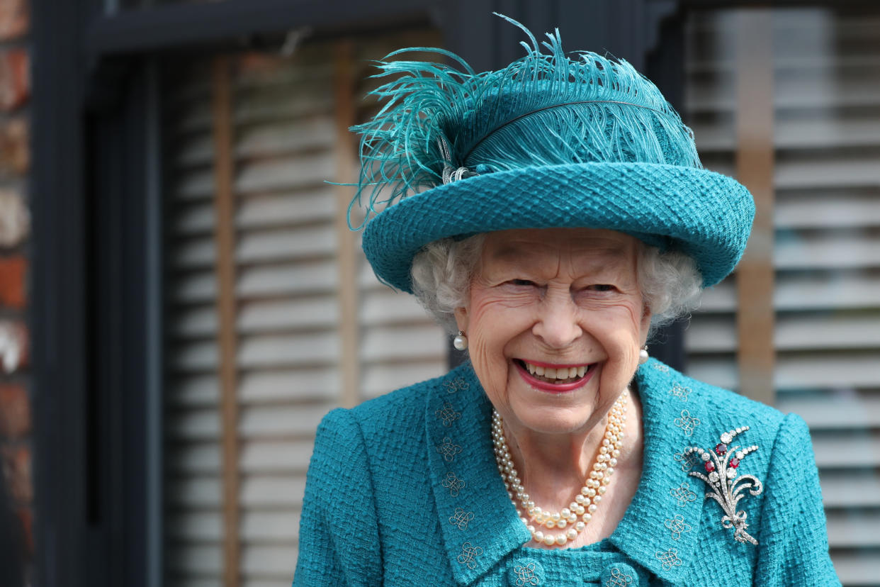 Queen Elizabeth II during a visit to the set of Coronation Street at the ITV Studios, Media City UK, Manchester. Picture date: Thursday July 8, 2021.