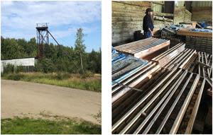 Photo of the decommissioned Grant Mine headframe (left) and core storage warehouse at Grant Mine (right). Drill core from Grant Mine, other parts of the Ester Dome project, and the Treasure Creek project have all been preserved here.