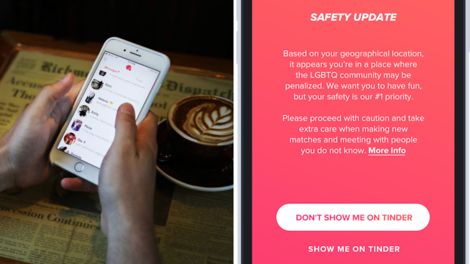 Tinder rolls out 'Traveler Alert' for LGBTQ membrs. (Source: Getty, Tinder)