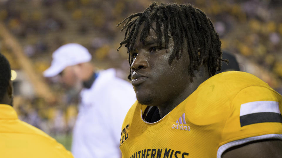 FILE - Southern Miss running back Frank Gore Jr. (3) walks the sideline during an NCAA football game against Liberty on Friday, Sept. 3, 2022, in Hattiesburg, Miss. No. 15 Miami (1-0) is a four-touchdown favorite over Southern Miss (0-1) going into the teams’ matchup on Saturday, but that doesn’t faze Golden Eagles running back Frank Gore Jr. whatsoever. Gore Jr. is returning to his hometown, to play his father’s alma mater, and sees it as nothing but a big opportunity. (AP Photo/Matthew Hinton, File)