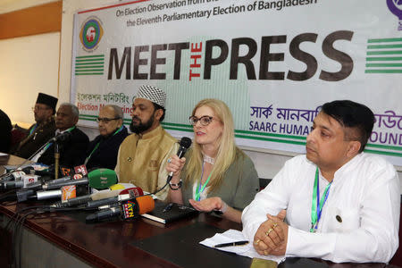 Tanya Foster, a Canadian citizen who observed elections in Bangladesh as a representative of SAARC Human Rights Foundation, speaks at a news conference organised by the group after the election in Dhaka, Bangladesh, December 31, 2018. REUTERS/Stringer