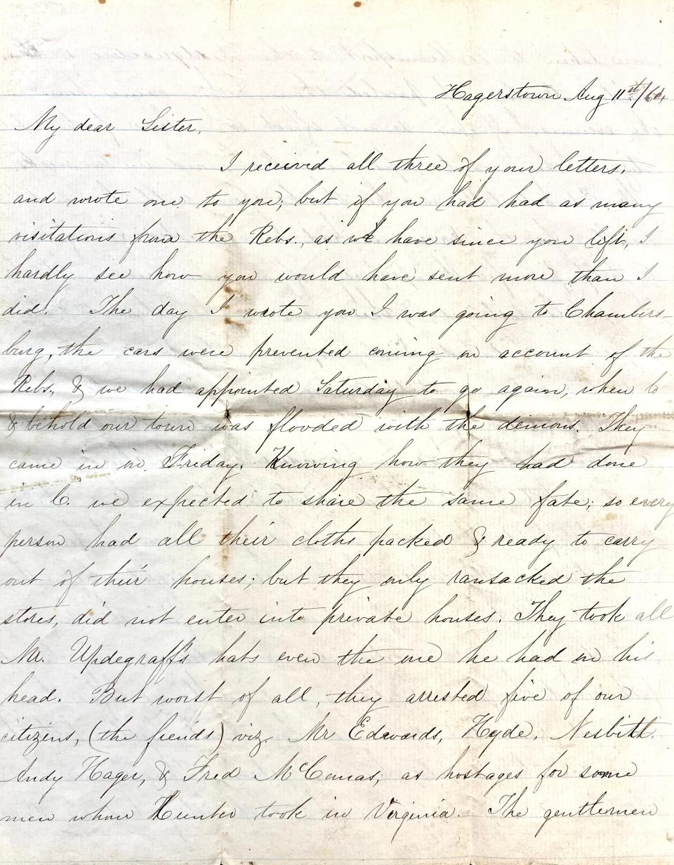 Letter from Sarah Hall to her sister, dated Aug. 11, 1864.