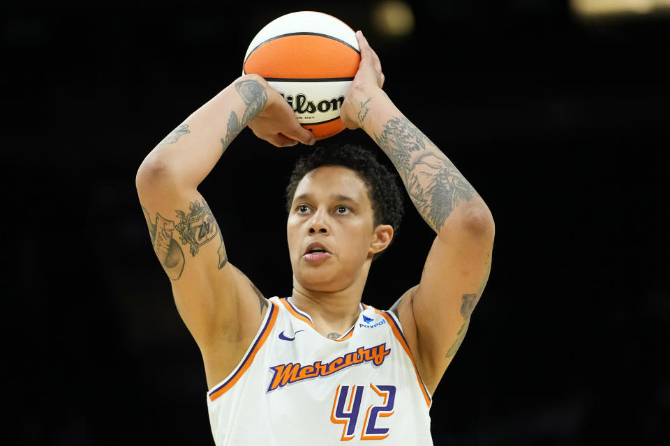 Phoenix Mercury center Brittney Griner shoots a free throw against the Los Angeles Sparks during a preseason game on May 12, 2023, in Phoenix. (AP Photo/Matt York)