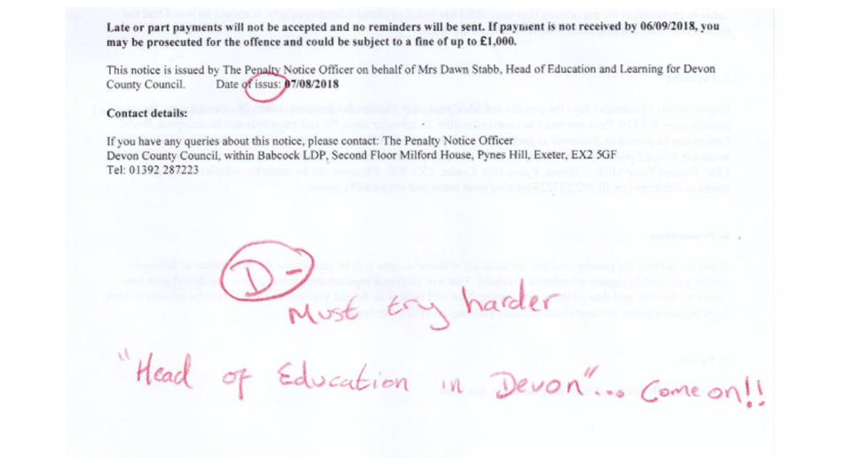 “D minus. Must try harder,” Dad Daniel Moore wrote on the letter to the Council's Head of Education