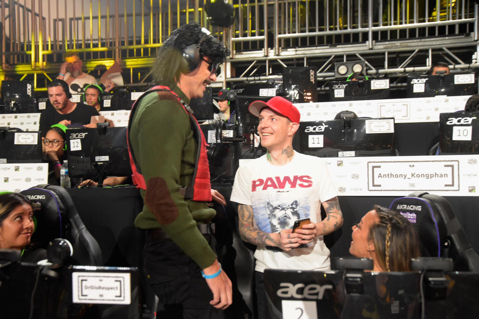 LOS ANGELES, CA - JULY 13:  Electronic music artist Deadmau5 (R) chats with gamer DrDisRespect at the debut of 