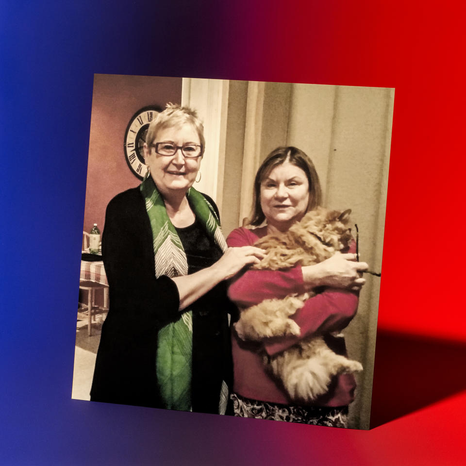 Lynette Villano, left, and her sister Susan Paraventi (and Wuzzy the cat) at a family Christmas in the pre-Trump era<span class="copyright">Photo-Illustration by Ben Alper for TIME; Photo courtesy Lynette Villano</span>