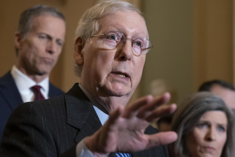 Senate Majority Leader Mitch McConnell, R-Ky., joined by Majority Whip John Thune, R-S.D., left, and Sen. Joni Ernst, R-Iowa, tells reporters he has secured enough Republican votes to start President Donald Trump's impeachment trial and postpone a decision on witnesses and documents Democrats want, at the Capitol in Washington, Tuesday Jan. 7, 2020. The trial could start as soon as this week if House Speaker Nancy Pelosi releases the articles of impeachment. (AP Photo/J. Scott Applewhite)