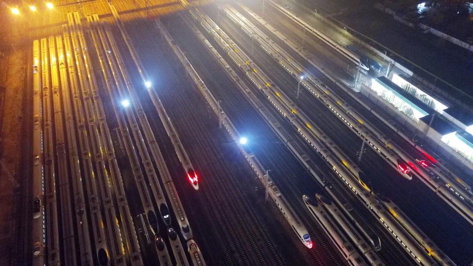 Aerial view of parked EMU trains transport during the Spring Festival, Nanjing, Jiangsu Province, China, January 10, 2020. It is the first day of Spring Festival 2020.