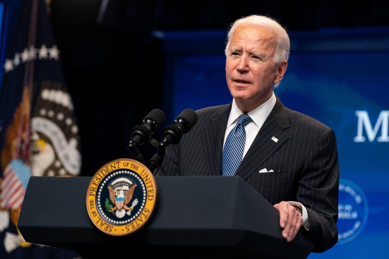 President Joe Biden speaks during an event on American manufacturing in the South Court Auditorium on the White House complex on Monday, Jan. 25, 2021, in Washington.