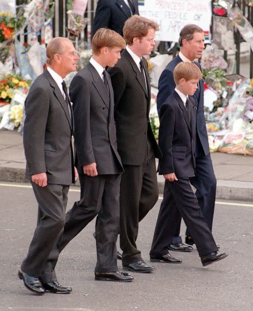PHOTO: The Duke of Edinburgh, Prince William, Earl Spencer, Prince Harry and the Prince of Wales follow the coffin of Diana, Princess of Wales, to Westminster Abbey for her funeral service on Sept. 6, 1997, in London. (Adam Butler/PA Images via Getty Images, FILE)