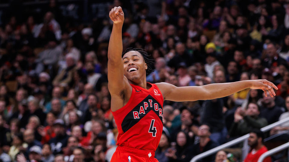 TORONTO, CANADA - NOVEMBER 19: Scottie Barnes #4 of the Toronto Raptors reacts after sinking a basket against the Detroit Pistons during the first half of the game at Scotiabank Arena on November 19, 2023 in Toronto, Canada. NOTE TO USER: User expressly acknowledges and agrees that, by downloading and or using this photograph, User is consenting to the terms and conditions of the Getty Images License Agreement. (Photo by Cole Burston/Getty Images)