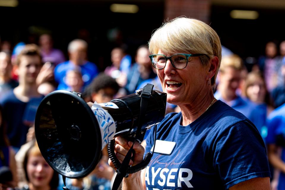 Florida Senate candidate Dr. Kayser Enneking speaks in Turlington Plaza on the University of Florida's campus on October 26, 2018.